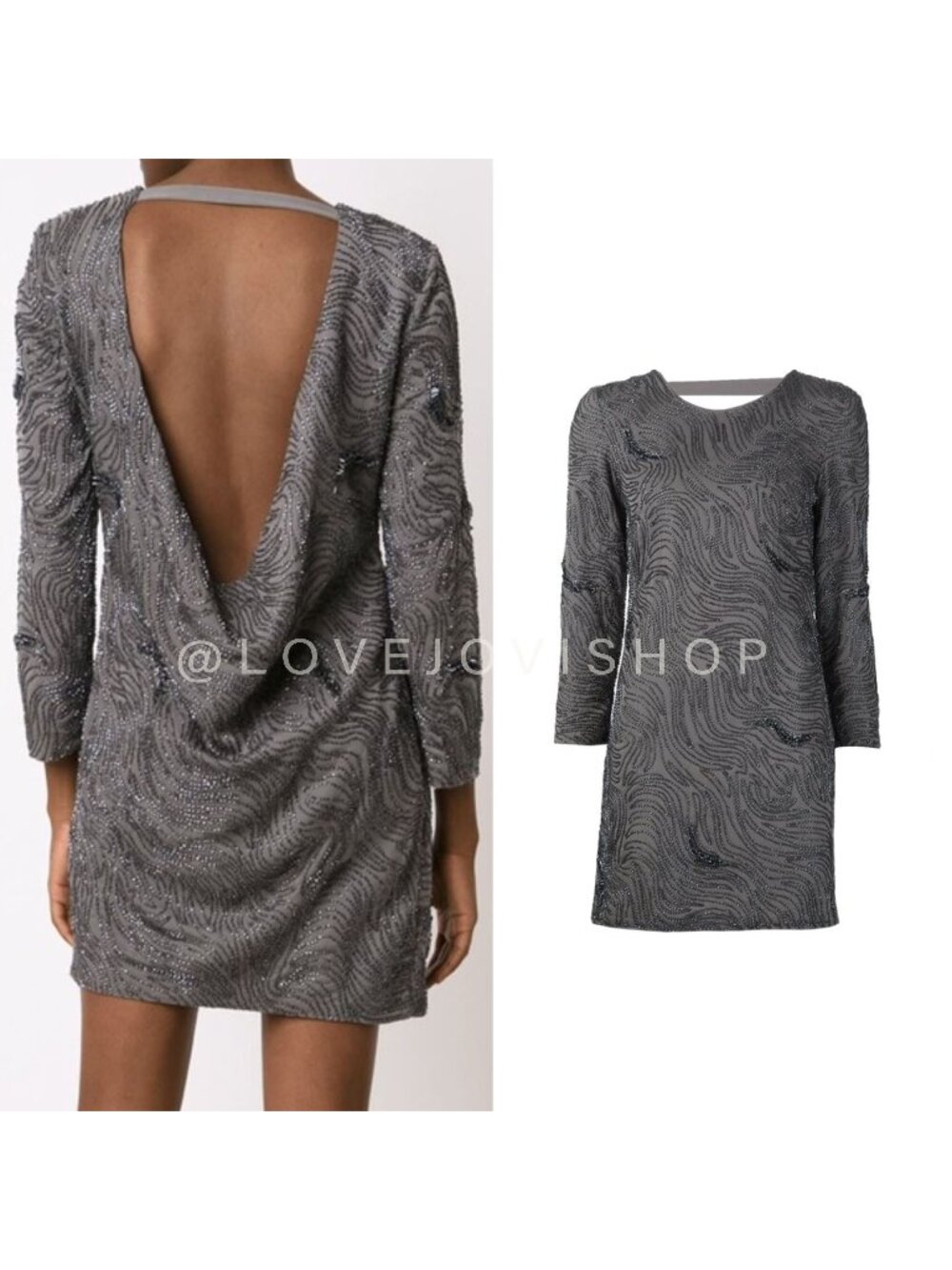 Dress | Halston Heritage Metallic Beaded Backless Drape Mini Long Sleeve | 8